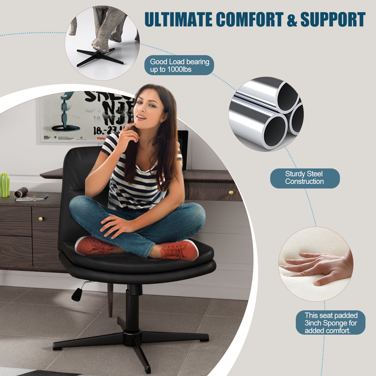 Cross Legged Office Chair,Armless Comfy Criss Cross Chair Wide Seat Ergonomic Home Office Desk Chair No Wheels Swivel Home Office Desk Computer Chair for Vanity Home Office Bedroom,Milky White