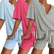 2020 Female Rib-Knit Loungewear Set, Summer Solid Color Short Sleeve V Neck T-Shirt , Short Pants Sleepwear Set