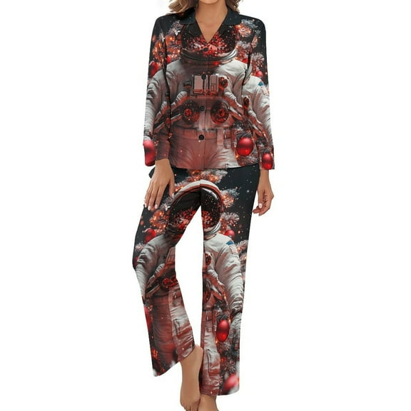 Christmas Astronaut Women's Long Sleeve Flannel Pajama Set Sleepwear S
