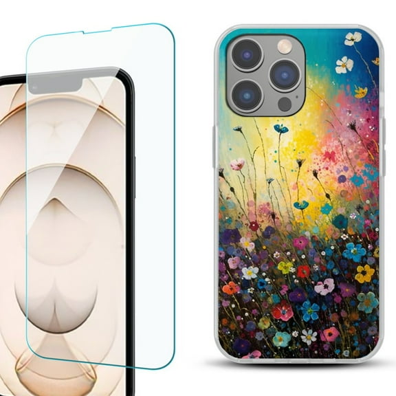 OneToughShield ® for iPhone 15 Pro Max Shockproof Fashion Phone Case, with Tempered Glass Screen Protector - Flower Field