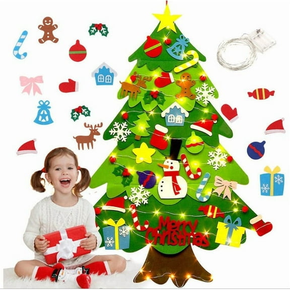 Tingzi Montessori Felt Christmas Tree for Kids 3D,Felt Christmas Tree for Toddlers,Toddler Felt Christmas Tree,Felt Christmas Tree Ornaments,Felt Christmas Tree for Kids Wall with Lights