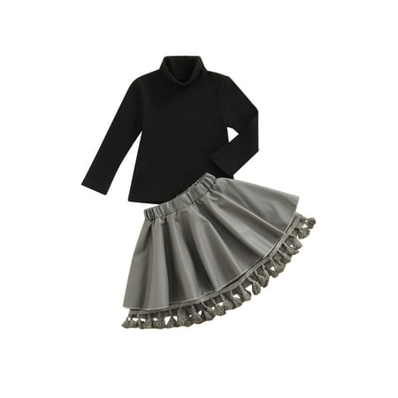 

Canrulo Autumn Kids Baby Girls Turtleneck Long Sleeve Knit Sweater Tops+Tassels Ruffle A-Line Skirts 2Pcs Clothes Black 1-2 Years