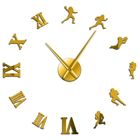American Football Players DIY Giant Wall Clock Rugby Fans Sports Room Wall Decor Modern Design Large Frameless Clock Wall Watch(Gold,27inch)