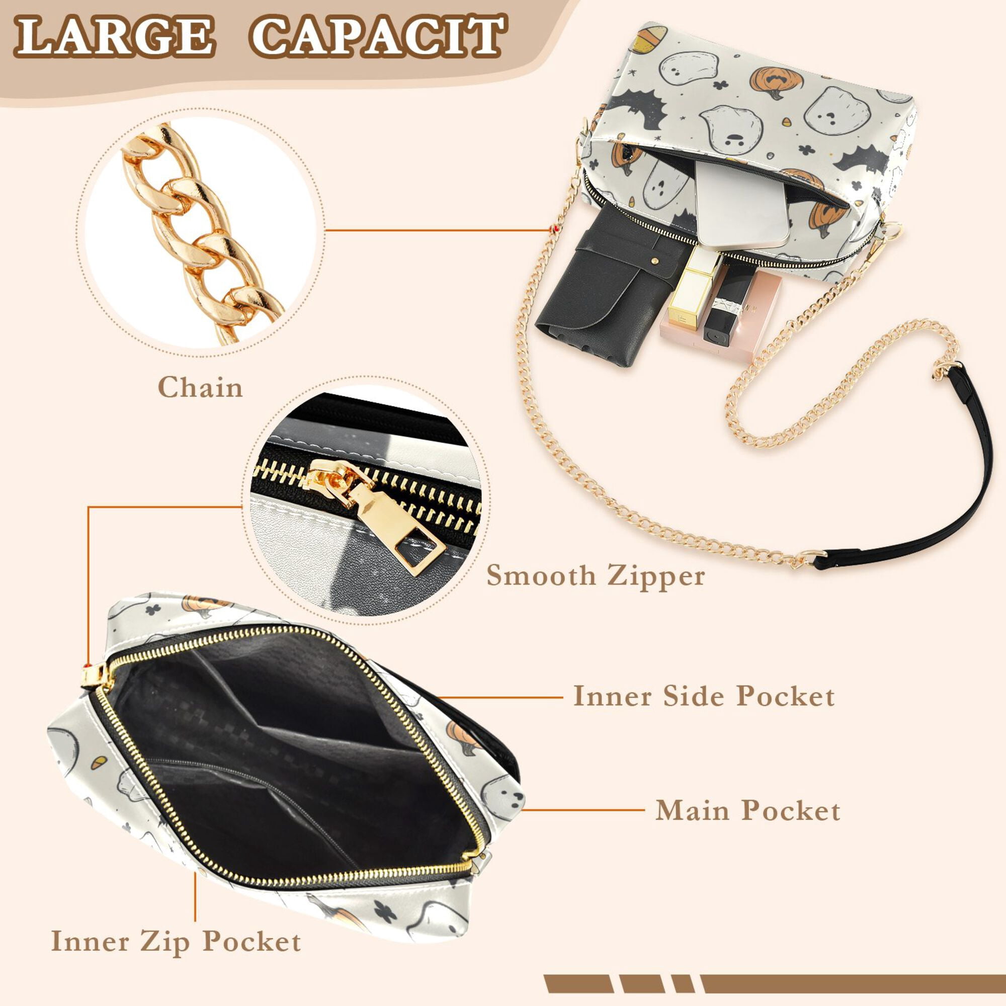 FORMRS Women Crossbody Purse with Chain Strap Vegan Leather Shoulder Handbag, Halloween Happy Ghosts