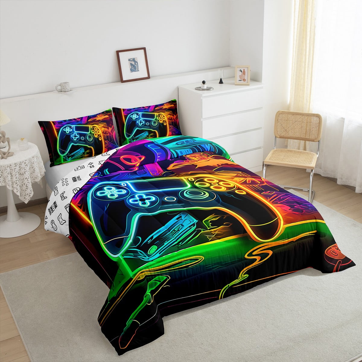 Gamer King Comforter Set – 3D Indigo Blue Gaming Bedding For Boys, Teens, Men, 3-Piece Quilt Set With Hexagon Design
