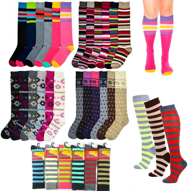 Alltopbargains All Top Bargains 6 Pair Womens Girls Knee High Socks Lot Multi Pattern School Soccer Stripes 9 11 Walmart Com Walmart Com