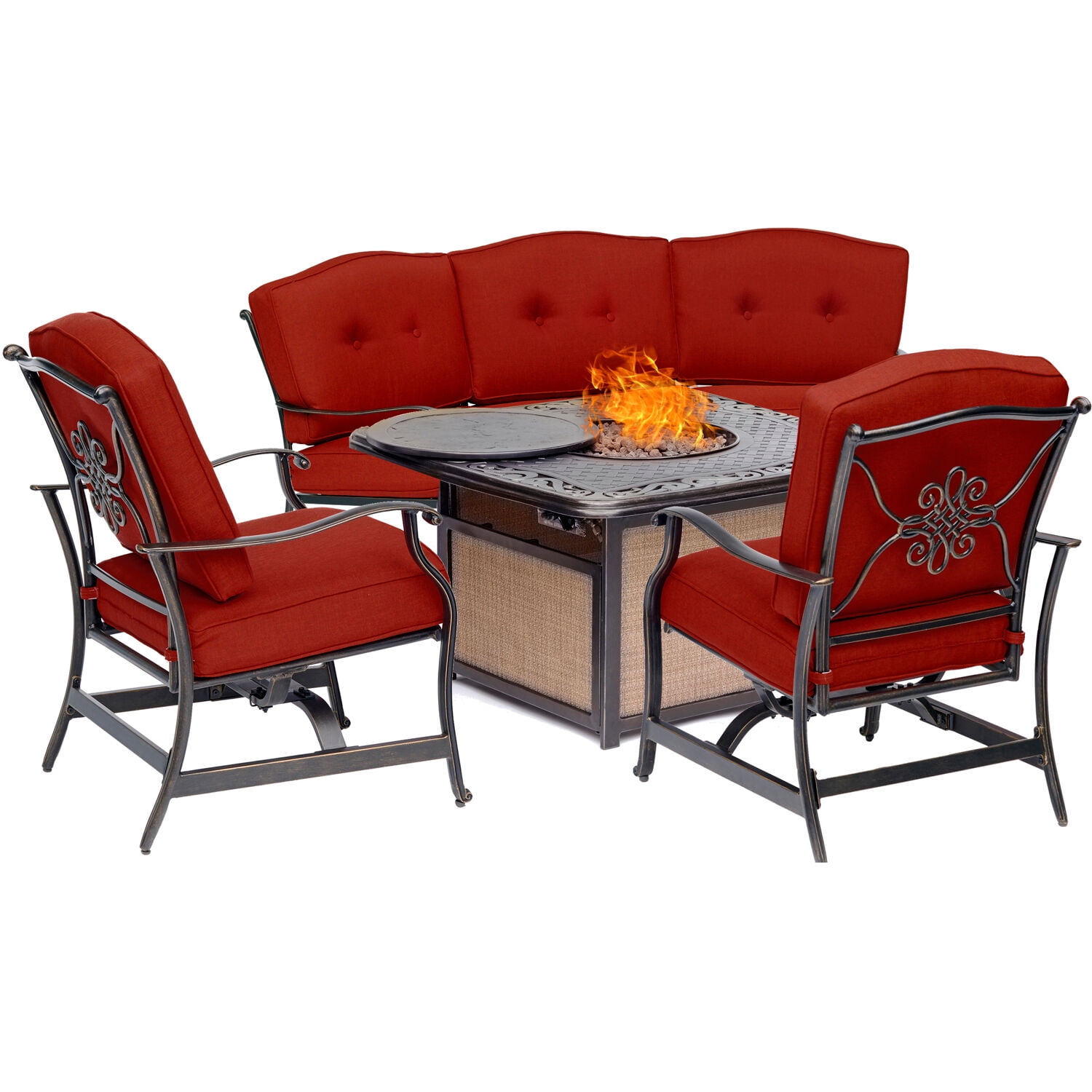 Hanover Traditions 4Piece Outdoor Lounge Set in Red with CastTop Fire