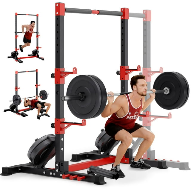 Estante para sentadillas YOLEO ajustable con barra de dominadas y barras de buceo de 55 a 67 cm