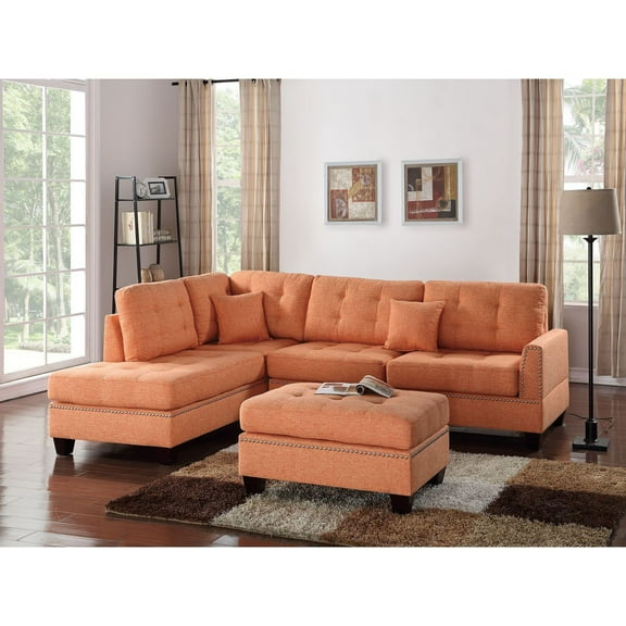 Fabric Sectional Sofa Set with Ottoman - 3 Piece Living Room Couch