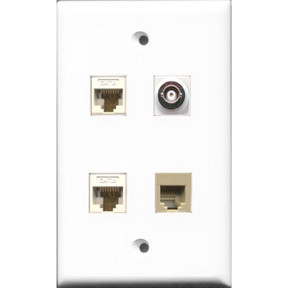 RiteAV 1 Port Phone RJ11 RJ12 Beige and 1 Port BNC 2 Port Cat6 Ethernet White Wall Plate