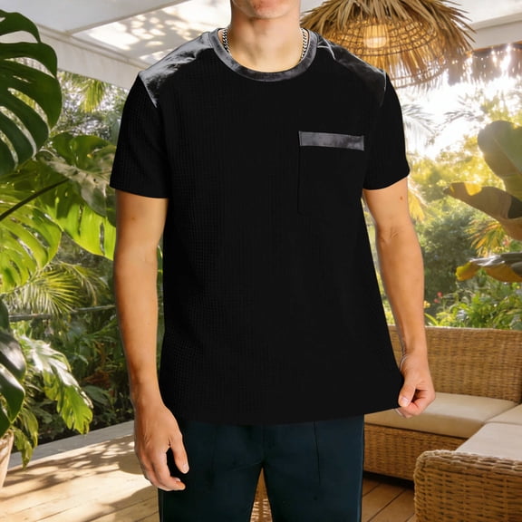 Waffleknit T Shirts for Men with Pocket Velvet-Splice Short Sleeve Tees Tops Mens Casual Color Block Pullover Crewneck Basic Loungewear Tshirts Shirt