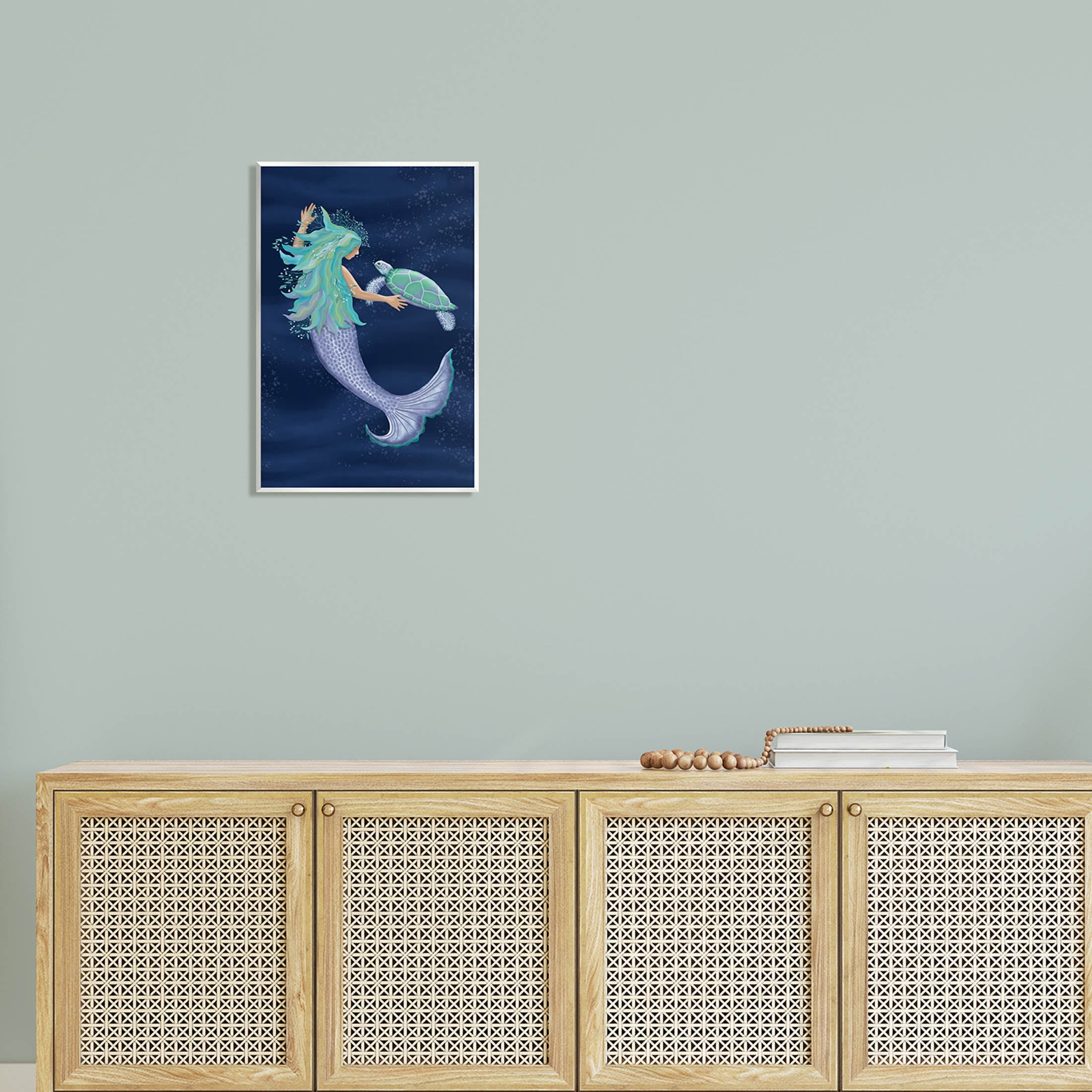 Nautical Mermaid Swimming Tortoise Fairy Tales & Fantasy Graphic Art Unframed Art Print Wall Art