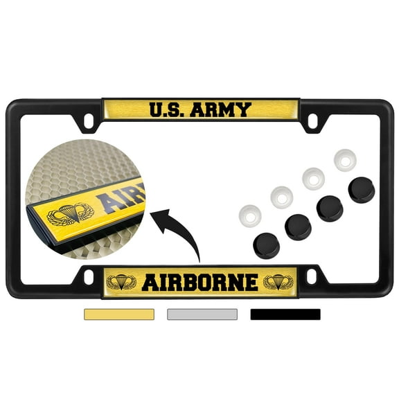 [Officially Licensed Product] - U.S. Army Airborne (Gold & Black Text) - Domed Custom-Made Personalized Narrow (Thin) Top 4 Hole Metal Car License Plate Frame with Free caps - Black (Qty: 1 Frame)