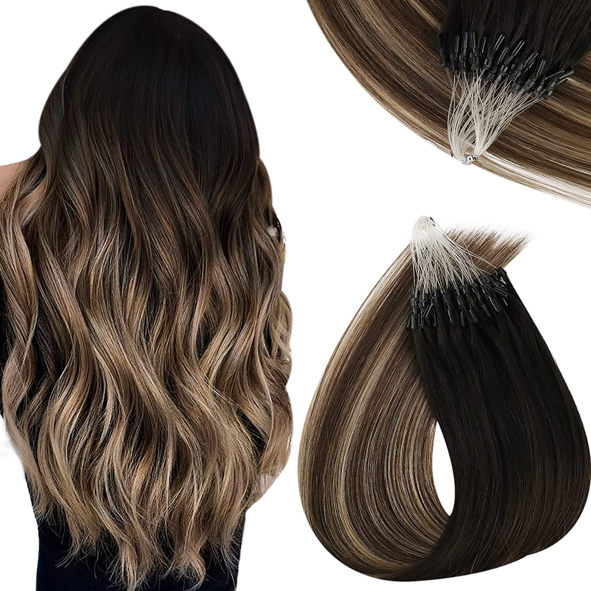 Sunny Micro Loop Hair Extensions Black to Dark Brown Mixed Ash Blonde  Balayage Human Hair 22 inch 50g - Walmart.com