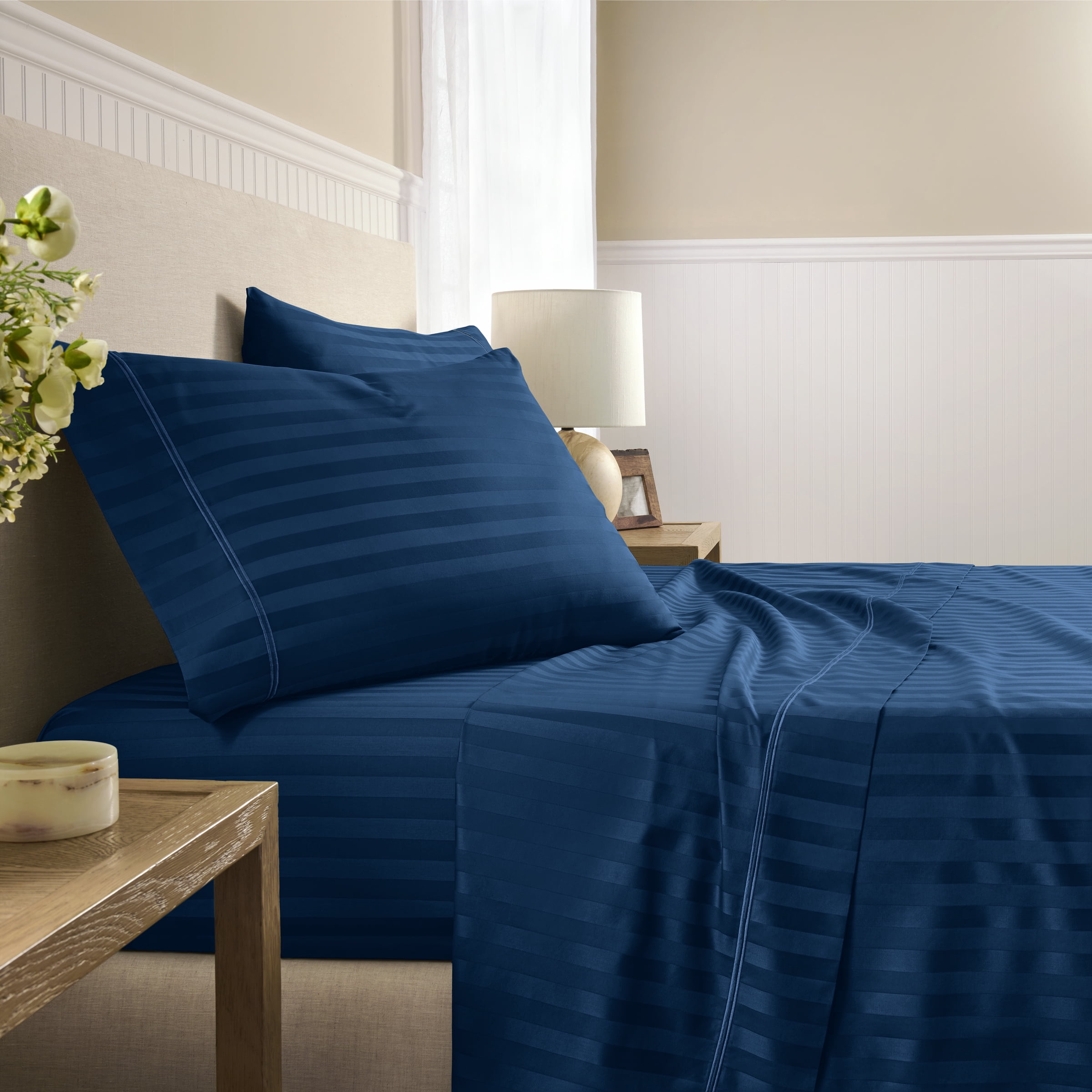 Wamsutta 1846 4-Piece 650 Thread Count Titan Stripe Egyptian Giza Cotton Sateen Bed Sheets, Queen-Deep Pocket