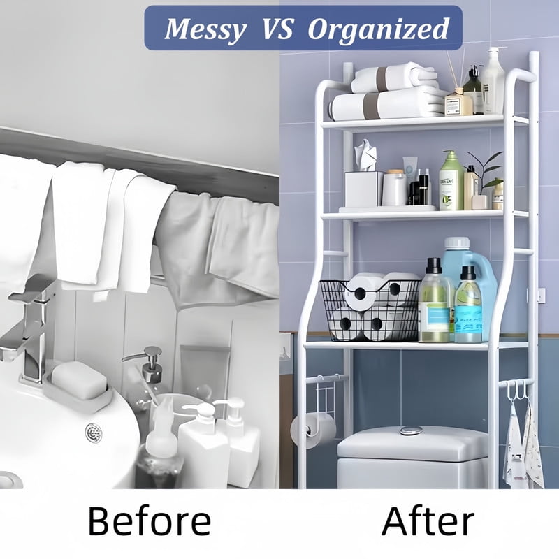 61.02"H Over-Toilet Storage Metal Rack with Shelf & Hooks, Bathroom Storage Shelf Unit Organizer with Paper Holder