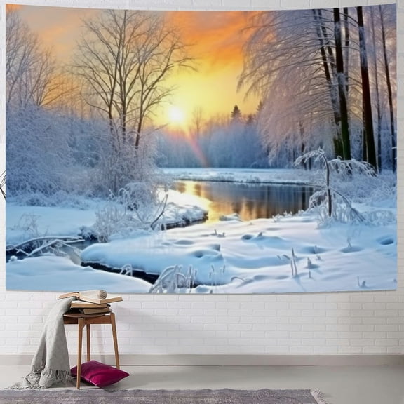 Fenyluxe Sunset Trees Frozen Pond Print Tapestry Wall Hanging Short Plush for Living Room Bedroom Dorm 40x30inch