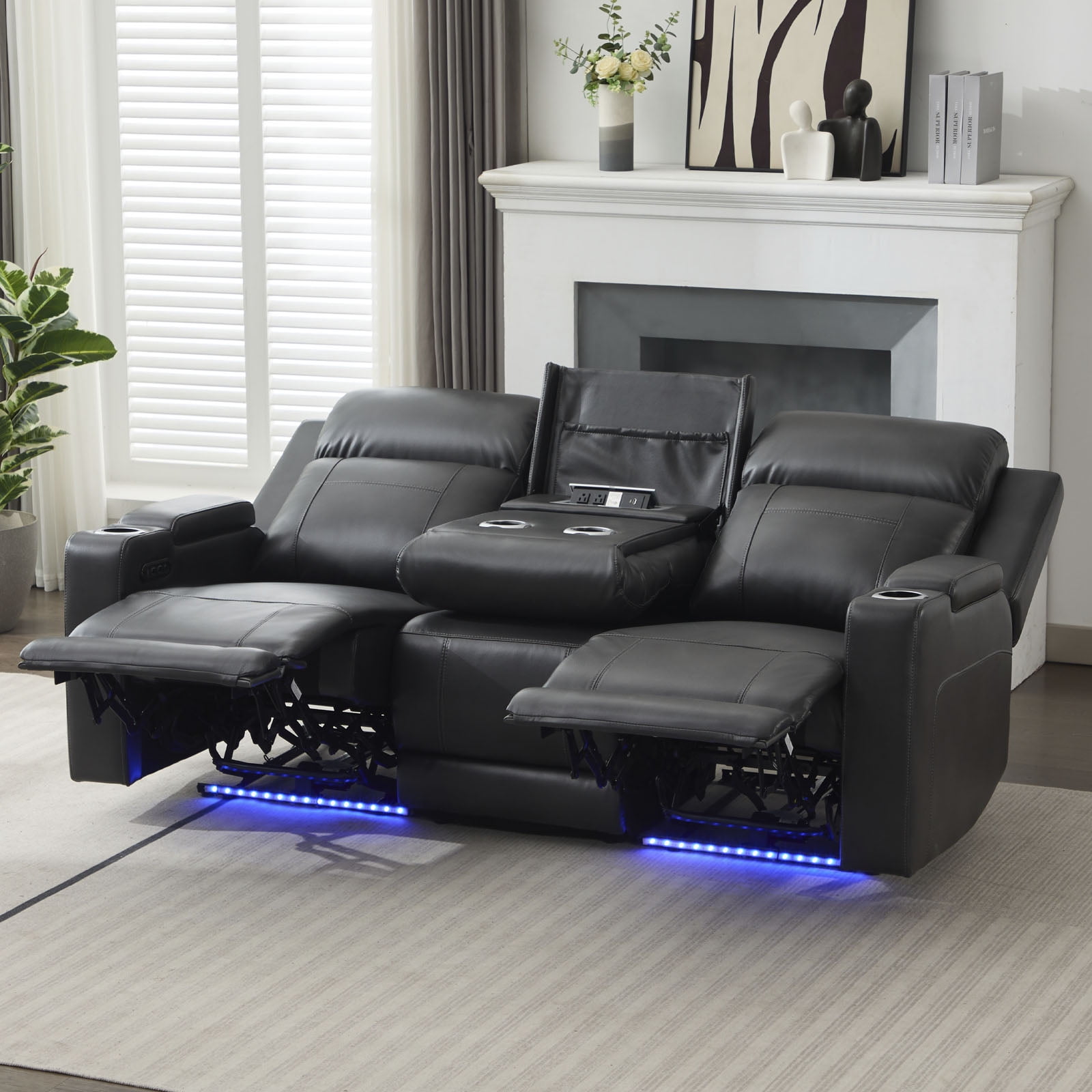 Power Recliner Sofa, Home Theater Seating with Adjustable Headrest, Blue LED Lighting, Reclining Loveseat, Flip-Up Backrest Storage, Multi-Port Charger, Cup Holder, USB