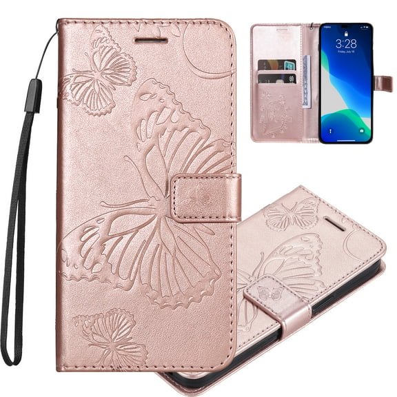 Nalacover For iPhone 16 Plus Case,Slim Embossed Butterfly PU Leather and Soft Inner TPU Flip Kickstand Magnetic Closure Card Slots Wallet Shockproof Cover with Wrist Strap,Rosegold