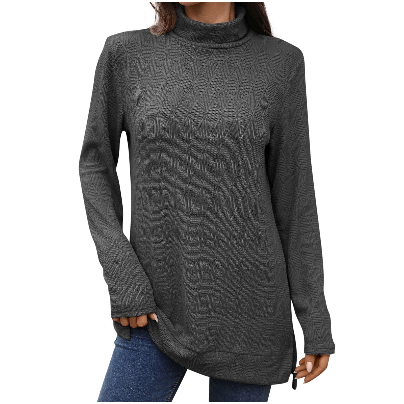 Women's T Shirts Solid High Neck Long Sleeve Soft Basic Tee Loose