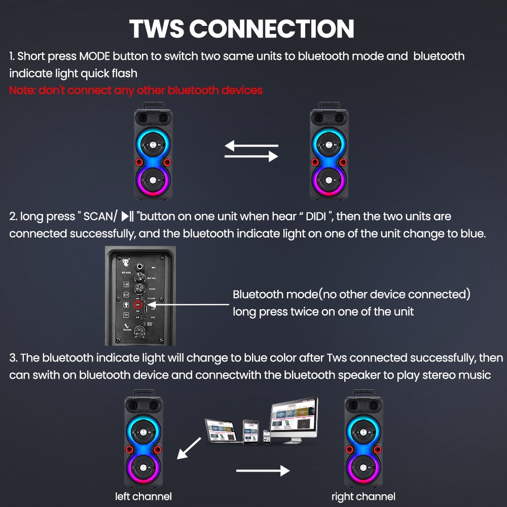 PEPWELL Portable Dual 6.5" Bluetooth Speaker, Sub Woofer Heavy Bass DJ RGB Party Speakers, Sound System TWS Karaoke Machine with Mic FM Radio for Party