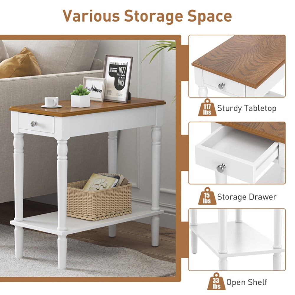 Finihen End Table, Narrow Side Table with Drawer and Open Storage Shelf, Sofa Side Table, Bed Side Table, for Living Room, Bedroom, White Finihen End Table, Narrow Side Table with Drawer and Open Storage Shelf, Sofa Side Table, Bed Side Table, for Living Room, Bedroom, White