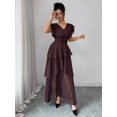 thumbnail image 7 of Womens Brown V-Neck Tiered Ruffle Maxi Dress Flutter Sleeve Asymmetric Hem, 7 of 7