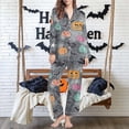 thumbnail image 5 of Feancey Halloween Lounge Sets for Women Cute Ghost Pumpkin Print Pajama 2 Piece Set Holiday Casual Long Sleeve Button Down Shirts and Pants Pjs Two Piece Birthdal Gifts Gray XL, 5 of 7