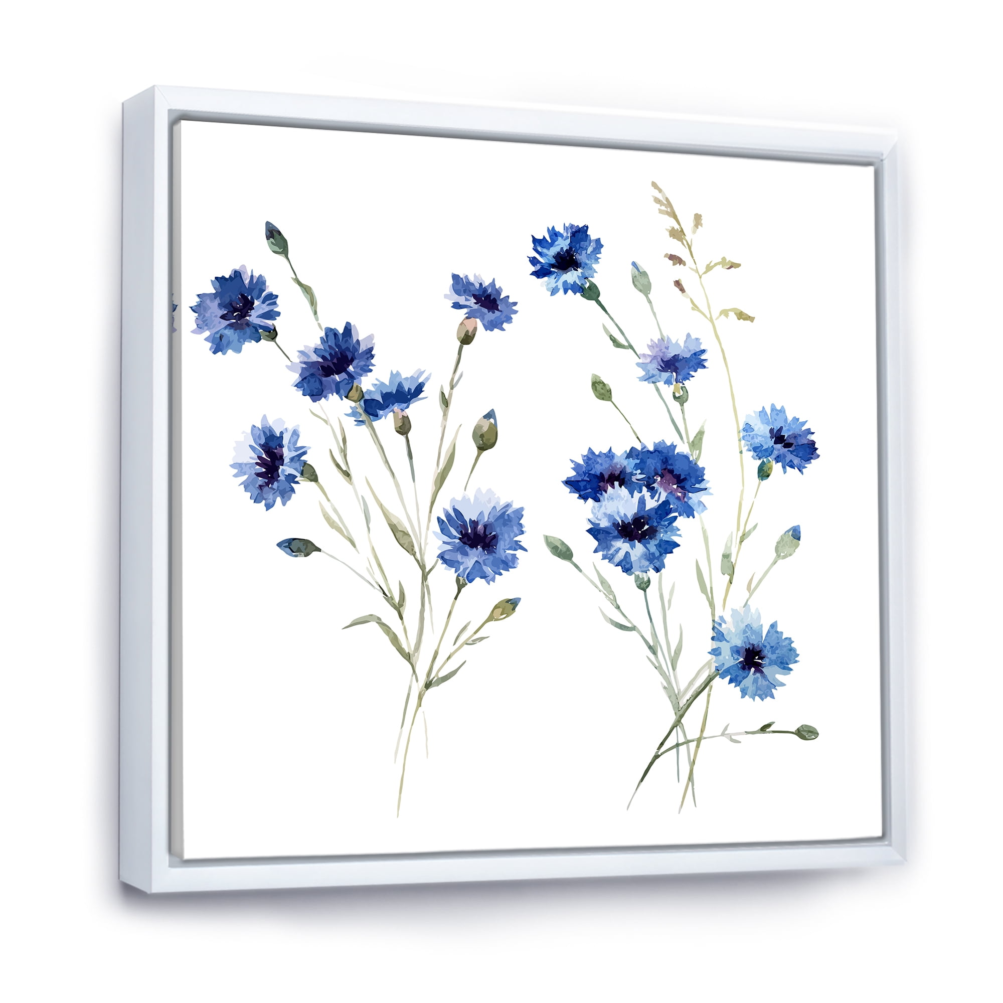 Designart 'Blue Cornflowers With Green Leaves On White III' Traditional Framed Canvas Wall Art Print