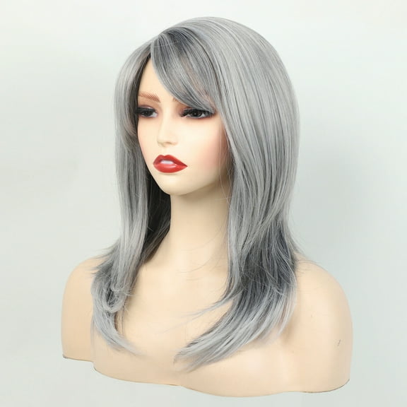 Long Gray Curly Wig with Side Bangs Medium Length Synthetic Hairpiece for Women