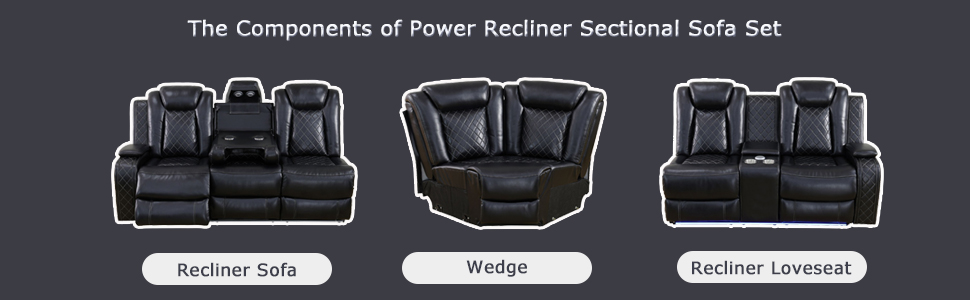 Pon Living Power Recliner Sofa Set, LED-Lit, Black Leather Sectional, USB-Charging, Versatile for Living Room, Apartment, Office, Home Theatre, Ultimate Comfort Experience