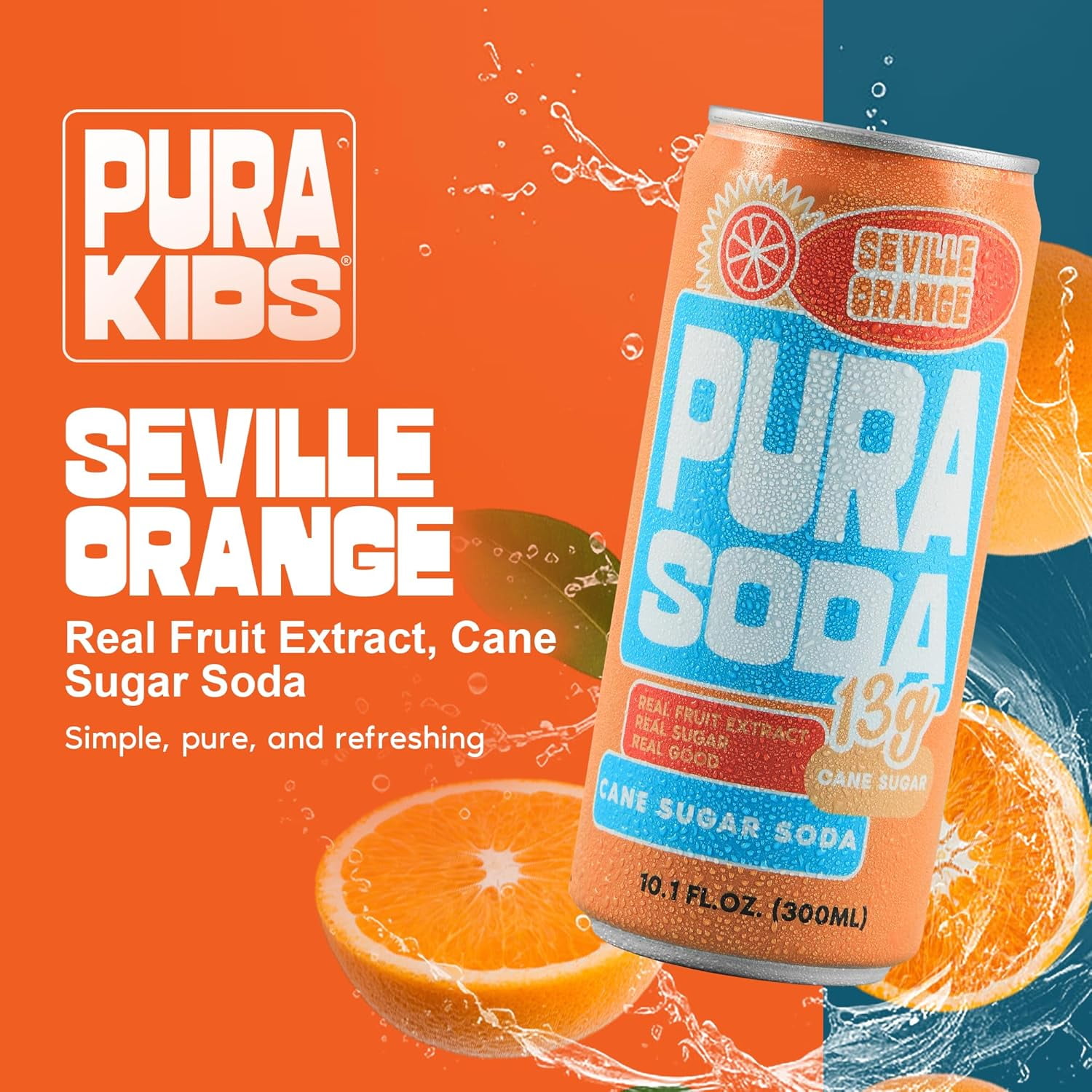 PuraSoda® Seville Orange | Low-Calorie, Cane Sugar Soda, Beverage | Non-GMO, Vegan | Made with Pure Cane Sugar, No Preservatives | 10.1 fl oz (300ml) Cans, 24-Pack