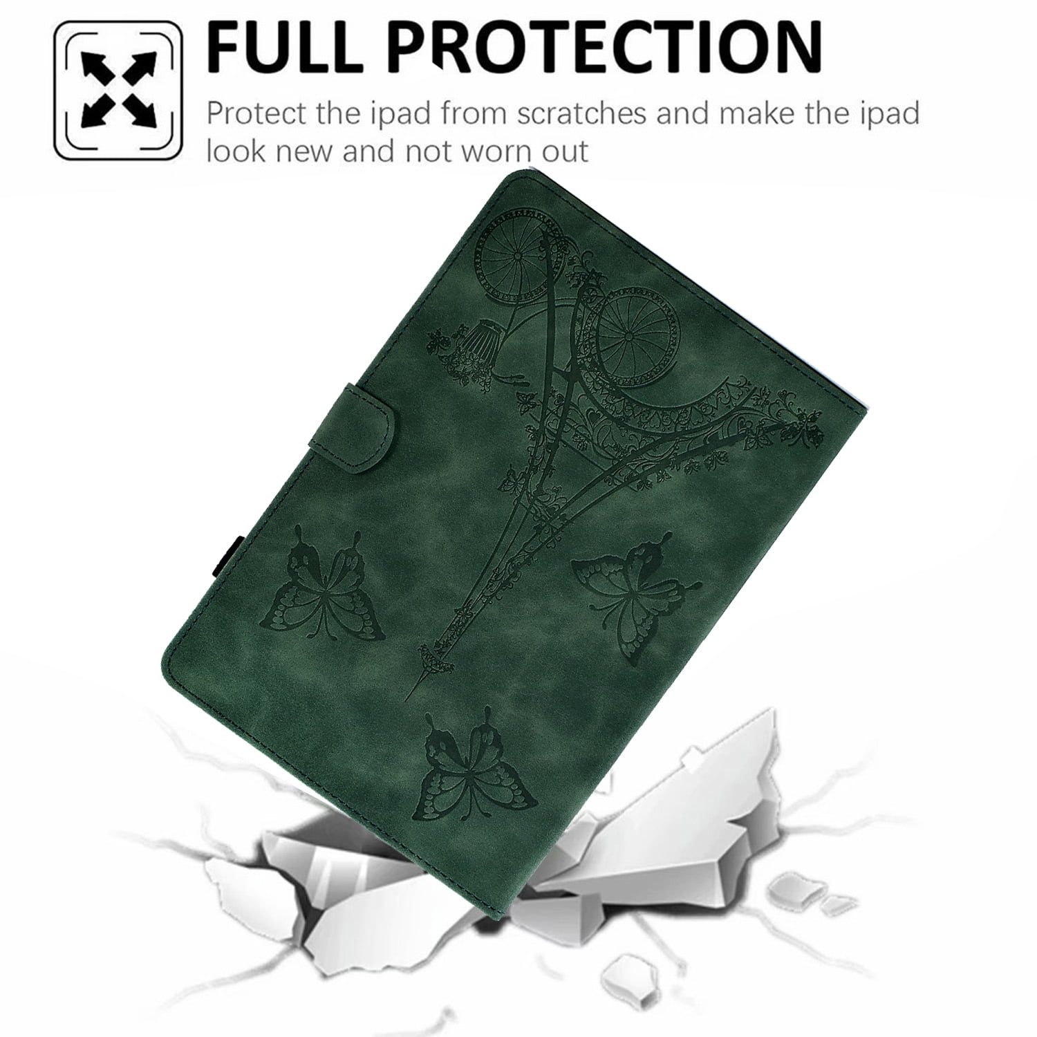 Dteck for iPad 10th Generation Case 2022, iPad 10 th Gen 10.9 inch Protective Cover with Pencil Holder, Multi-Angle Viewing Stand, Card Slots, Folio Leather Cases with Embossed Butterfly,Green