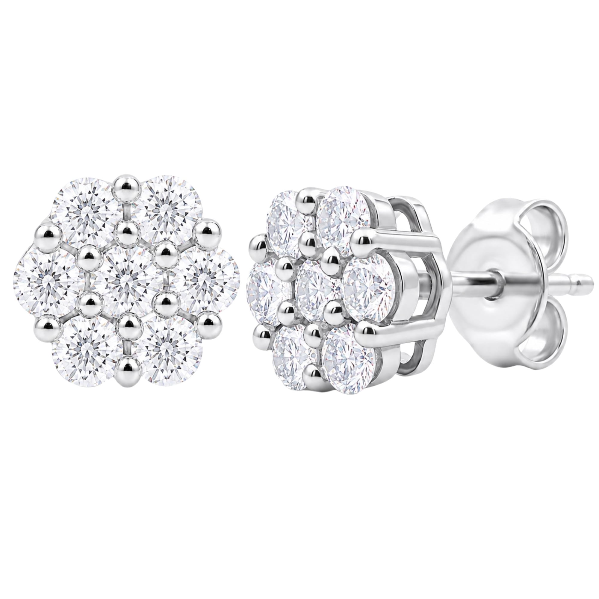 Diamonair Lab-Grown Diamond Cluster Earrings for Women | Sterling Silver | Round Cut | Prong Set, Push Back | F Color, VS+ | 3.00 Total Carat Weight | Anniversary, Wedding, Birthday Gift