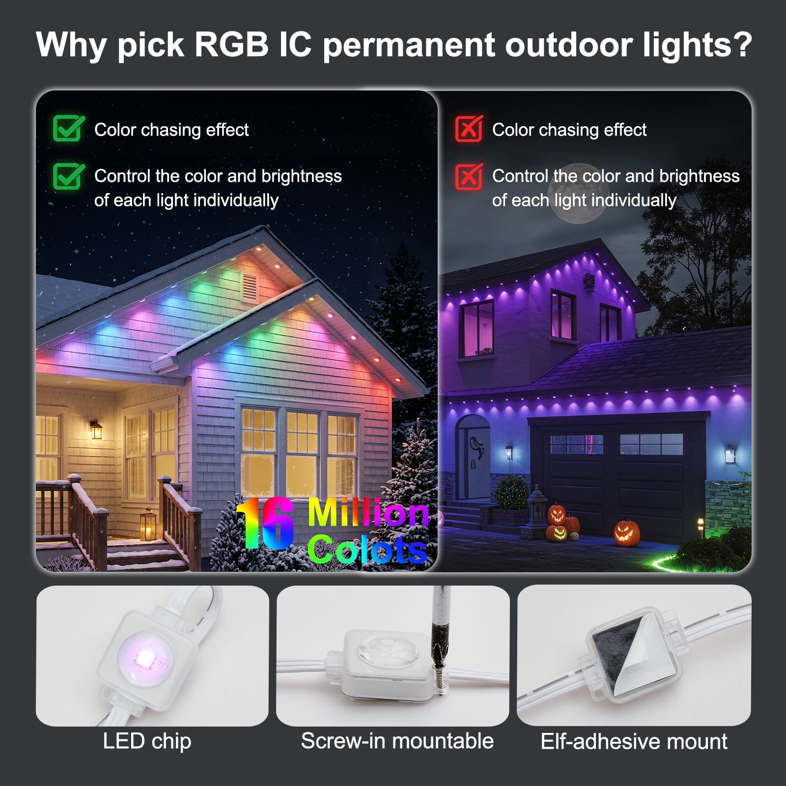 50ft RGB+IC Permanent Outdoor Eave Lights 16 Million Colors Music Sync IP67 Waterproof App Control Holiday Lighting