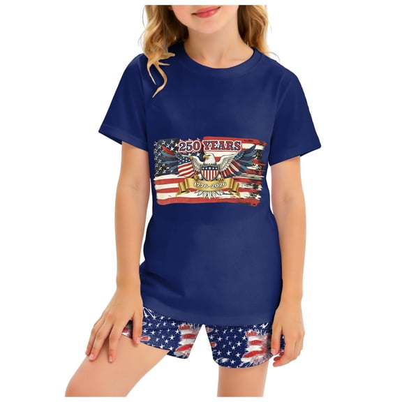 Staki Girls American Flag Dress 4th of July Baby Girl Clothes Short Sleeve Smocked T-Shirt Shorts Set Summer Toddler Outfits 2-9Y 10-12Y(Dark Blue,11-12 Years)
