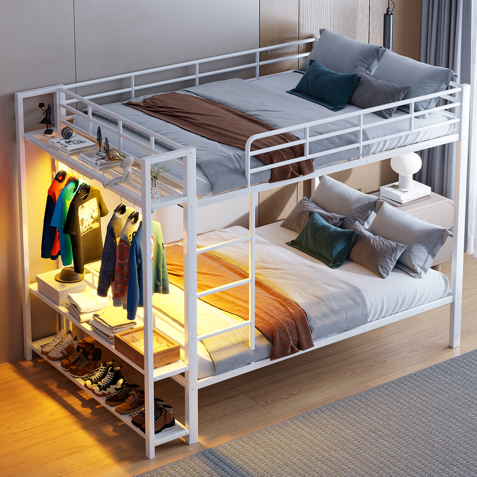 Euroco Metal Full over Full Bunk Bed wih Storage Shelves, Clothes Habnger and LED Light for Kids Teens Room, White