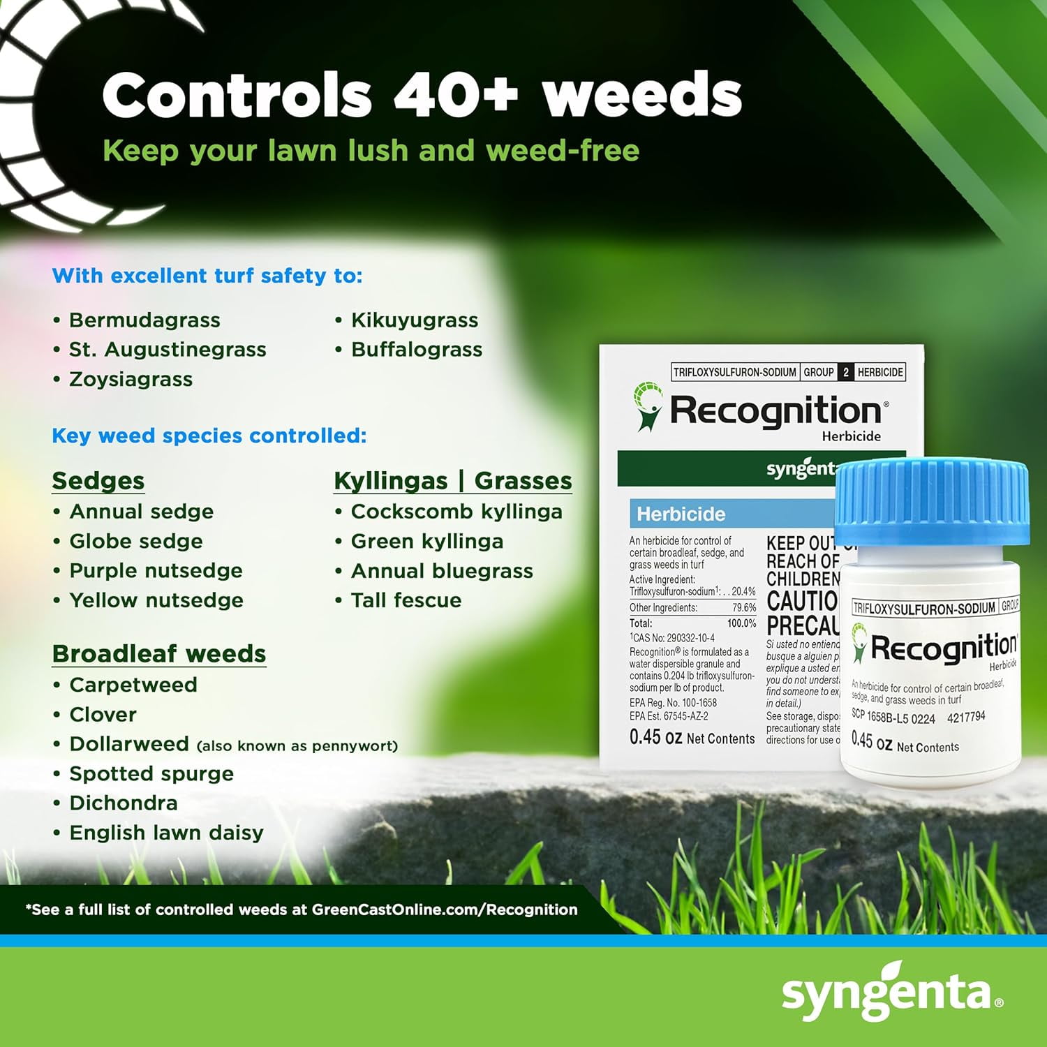 Recognition Herbicide. (0.45 oz) Water Dispersible Granule Weed Killer - Post Emergent Weed Control for lawns, Weed Stop for lawns