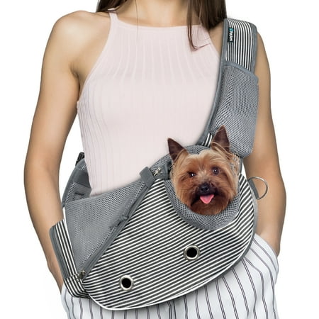 PetAmi Dog Sling Carrier for Small Dogs  Puppy Carrier Sling Purse  Dog Bags For Traveling  Carrying Bag to Wear Medium Cat  Adjustable Crossbody Pet Travel Poop Bag Dispenser  Max 10lbs  Stripe Black