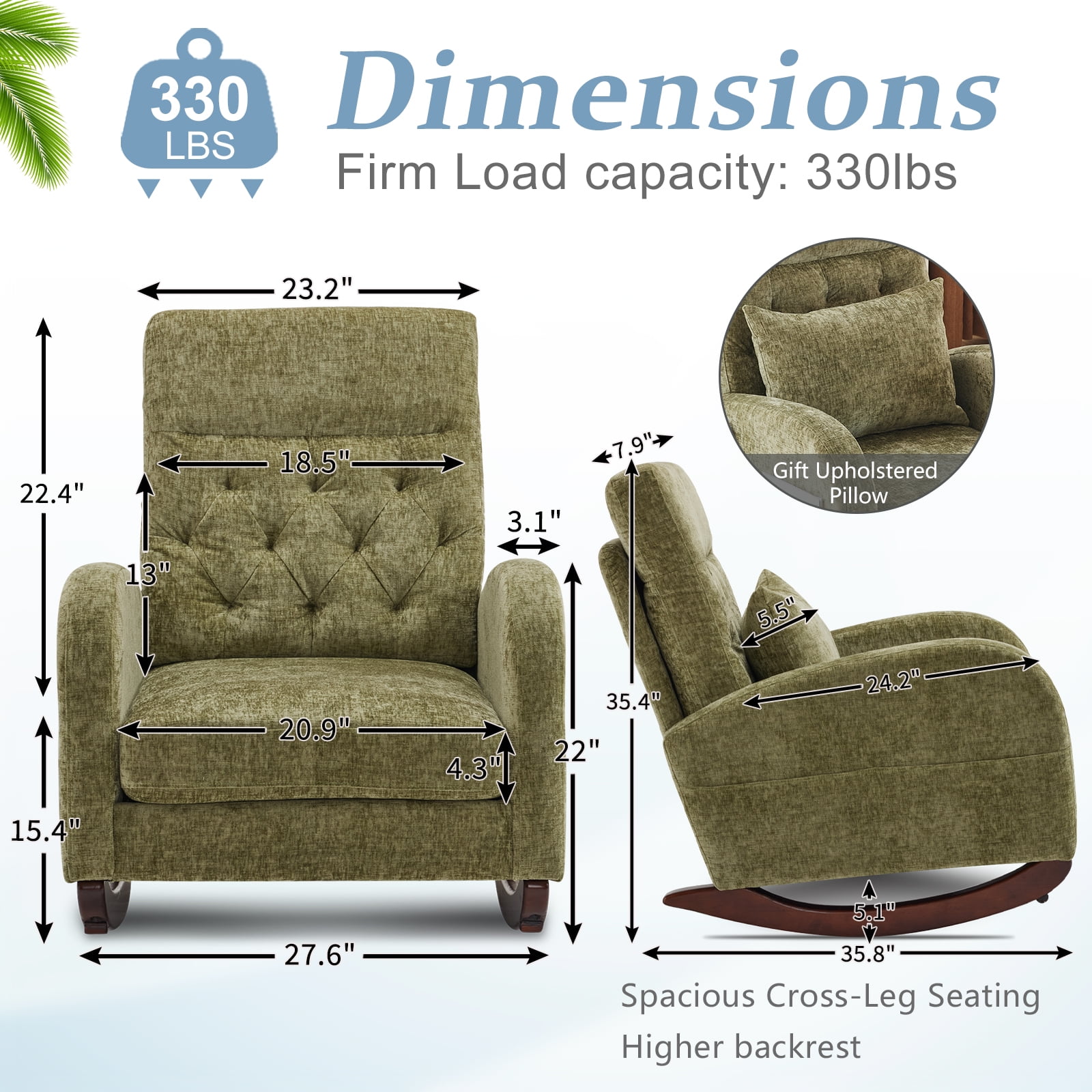 Ktaxon Rocking Accent Chair Glider Reading Chair Comfy Chenille Upholstered Single Sofa Rocker for Living Room, Nursery, Bedroom Olive Green