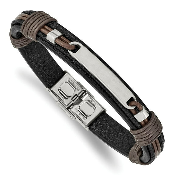 Primal Steel Stainless Steel Polished Black and Brown Leather 8.25 Inch Bracelet