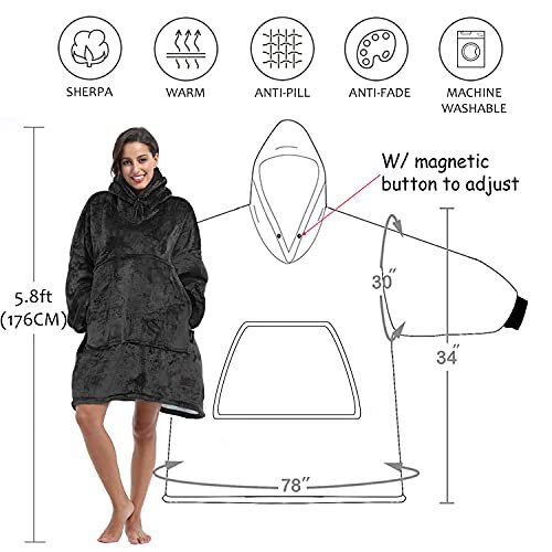 Manta de sudadera con capucha de gran tamaño sudadera cómoda sherpa gigante mantas portátiles regalo para adultos hombres adolescentes adolescentes esposa negro negro Tirrinia Ver descripción