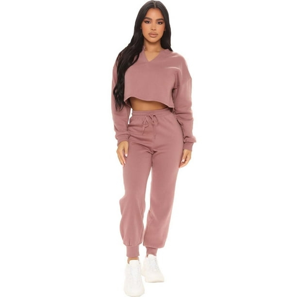 Gibobby Conjunto dama pants y sudadera afelpada Conjunto deportivo liso de manga corta con cuello en V y cordón para mujer(Rosa,XL)