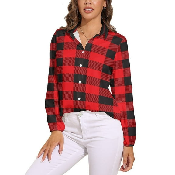 Buffalo Plaid Red Black Long Sleeve Blouse Woman Streetwear Casual Shirts Summer Oversize Woman Streetwear Clothing Birthday Present