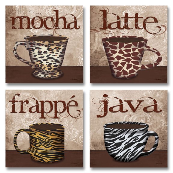 Fun, Trendy Animal Print Mugs; Latte, Frappe, Mocha, and Java Signs; Four 12X12 Poster Prints