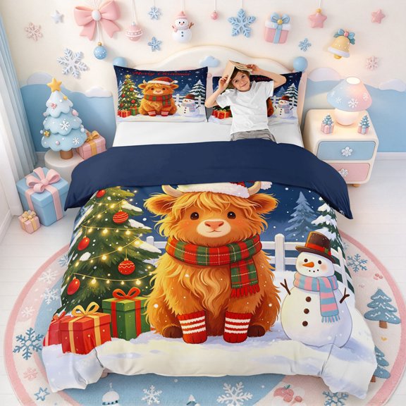 Erosebridal Colorful Highland Cow Bedding,Retro Christmas Lights Duvet Cover Full,Navy Blue Reversible,3pcs,1 Duvet Cover and 2 Pillowcases
