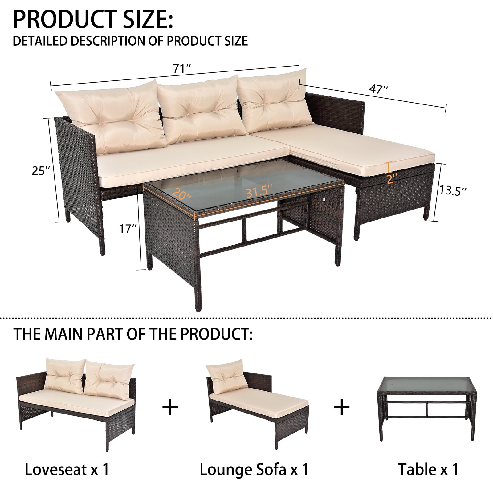 3 PCS Patio Sectional Sofa Conversation Set, All Weather Rattan Patio Furniture Set, Brown Outdoor Chaise Lounge Set with Cushion and Table, Deck Backyard Porch Furniture