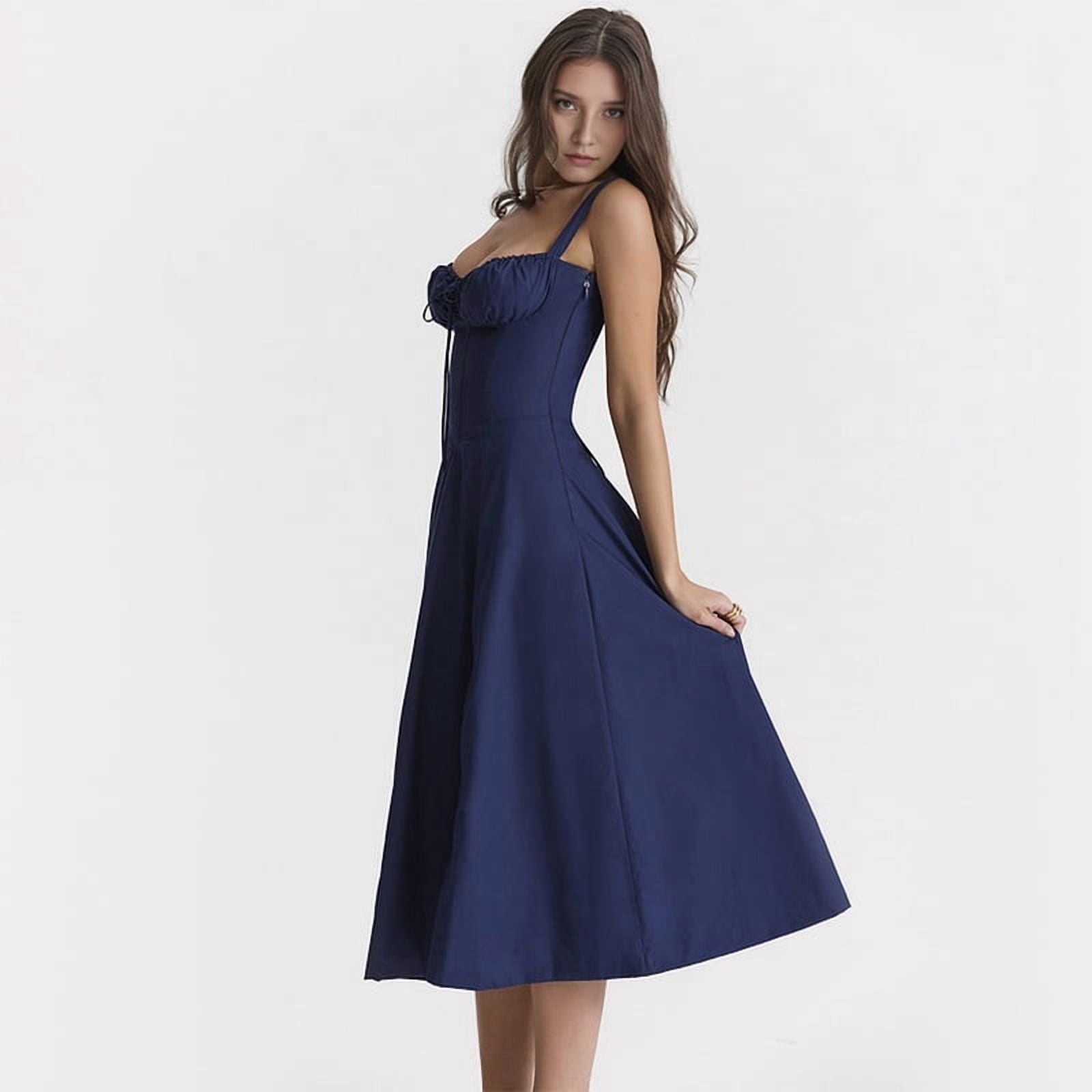 Women'S Summer Midi Corset Boho Dresses Casual Spaghetti Straps Lace Up Dress Flowy Aline Beach Sundress Navy Blue S