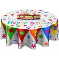 thumbnail image 1 of Happy Birthday Tablecloth Round - Birthday Cake Circle Table Cloth 60 Inch Colored Flags Flowers Table Cover for Home Kitchen Outdoor Patio, 1 of 7