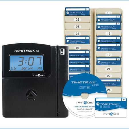 Pyramid TimeTrax TTEZ Automated Swipe Card Time Clock System Bundle, includes software, 25 swipe cards, 24 pocket badge rack, Serial/USB